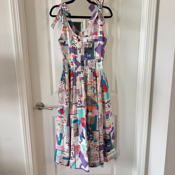 555 Hunter Bell Braden Dress Patchwork Midi Size 2 Color White Blue - Picture 4 of 8